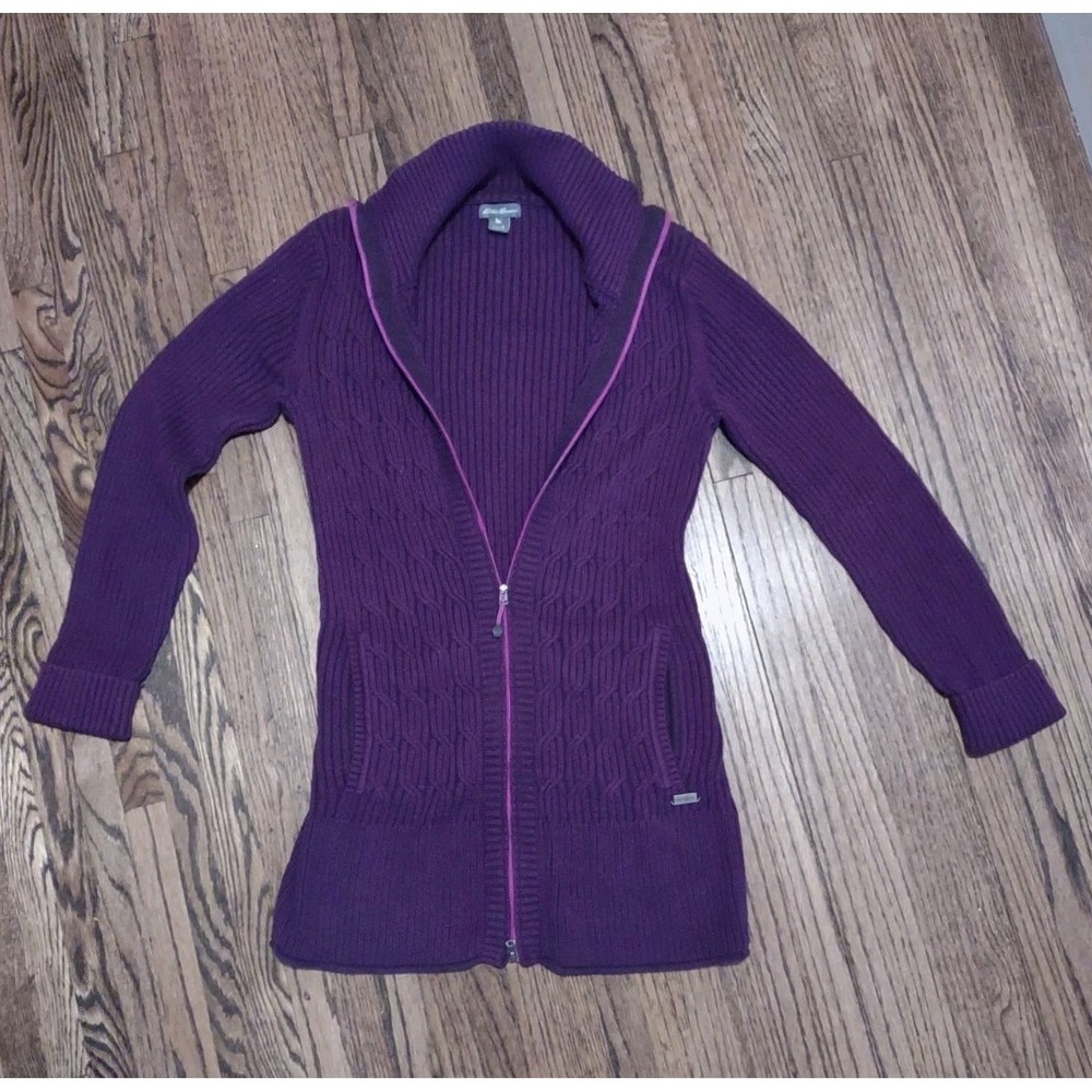 Eddie Bauer Women's Small Purple Cable Knit Full-Zip Cardigan Sweater Fold...
